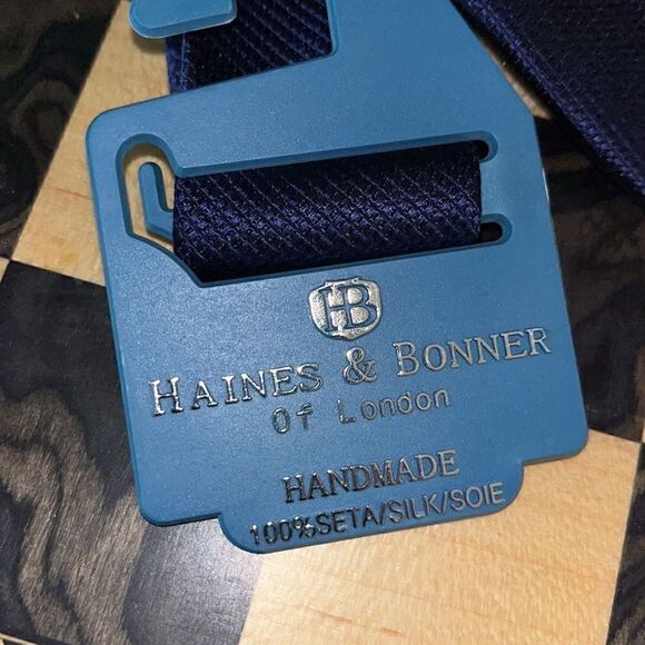 New Haines & Bonner of London 100% silk print Solid Blue Neck tie handmade H&B - Picture 2 of 4